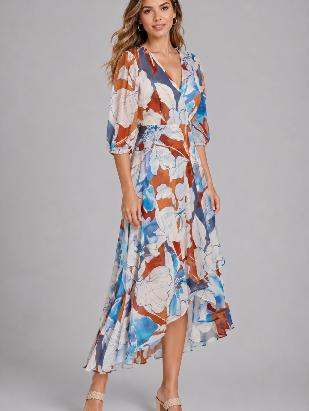 Calvin Klein Floral Chiffon Wrap Dress A-Line High Low Size 2 Blue/Brown New